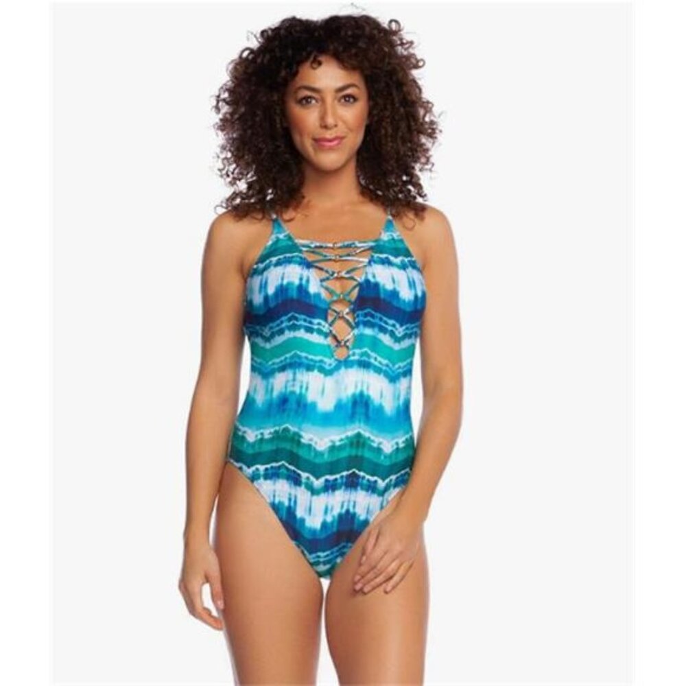 NEW La Blanca Plunge One Piece Blue Green Tie Dye Women's 6